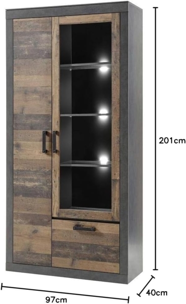 Lomadox Vitrine BERLIN-61 Old Mix Dekor mit Matera grau inkl. LED 97/201/40 cm Bild 2