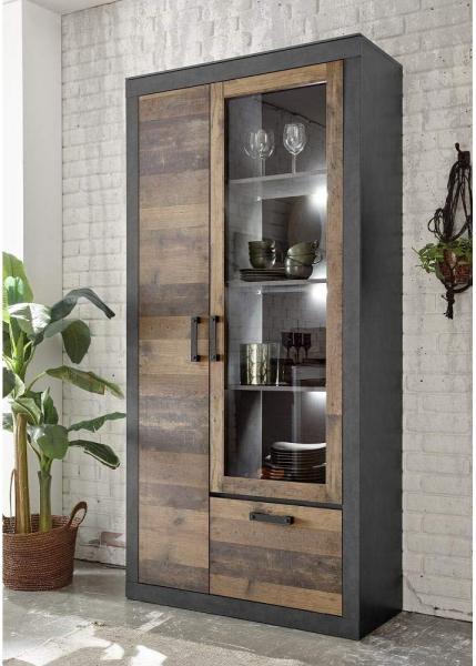 Lomadox Vitrine BERLIN-61 Old Mix Dekor mit Matera grau inkl. LED 97/201/40 cm Bild 1