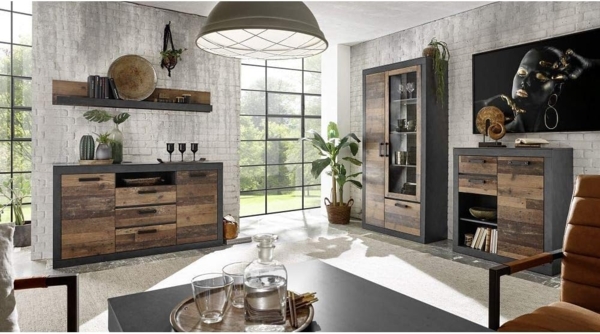 Lomadox Vitrine BERLIN-61 Old Mix Dekor mit Matera grau inkl. LED 97/201/40 cm Bild 9