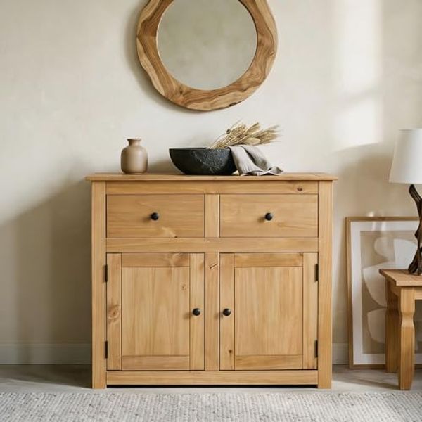 CARO-Möbel Kommode Cancun im Landhaus Stil aus Kiefer massiv, Moderne Anrichte mit 2 Schubladen und Türen, Sideboard mit gebeizter gewachster Oberfläche