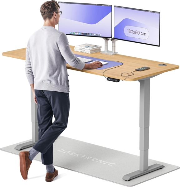 Höhenverstellbarer Schreibtisch - Höhenverstellbar Elektrisch mit Flüsterleisem Dual-Motor & Touchscreen - Hohe Tragfähigkeit - Stehtisch von Desktronic, Grau + Eiche, 180x80 cm