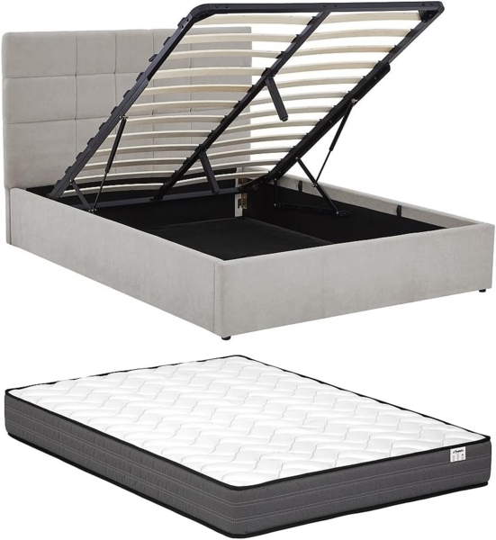 Vente-unique - Stauraumbett 140 x 190 cm - Stoff - Grau + Matratze - HOPEYA von Pascal Morabito