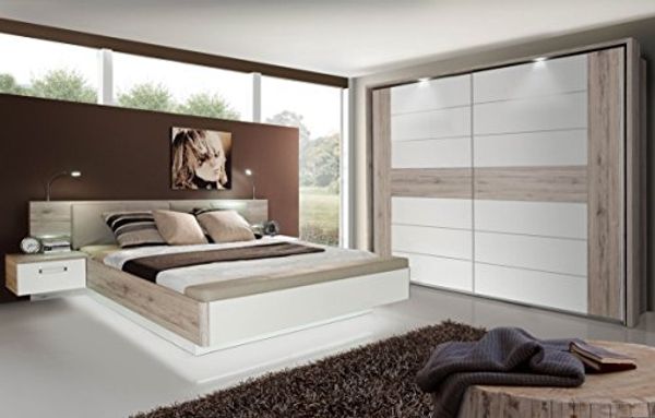 Forte RDNL181B-T30 Rondino Sandeiche Nb. / Hochglanz Weiß Bettanlage Doppelbett Bett inkl. Fussbank inkl. Nachtkonsolen ca. 180x200 cm