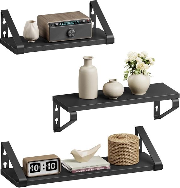 VASAGLE Wandregal, Schweberegal, 3er Set, Regalbrett, 2 Montagemöglichkeiten, Regal zur Präsentation, für Wohnzimmer, Küche, Arbeitszimmer, Badezimmer, tintenschwarz-Mattschwarz LWS033B10