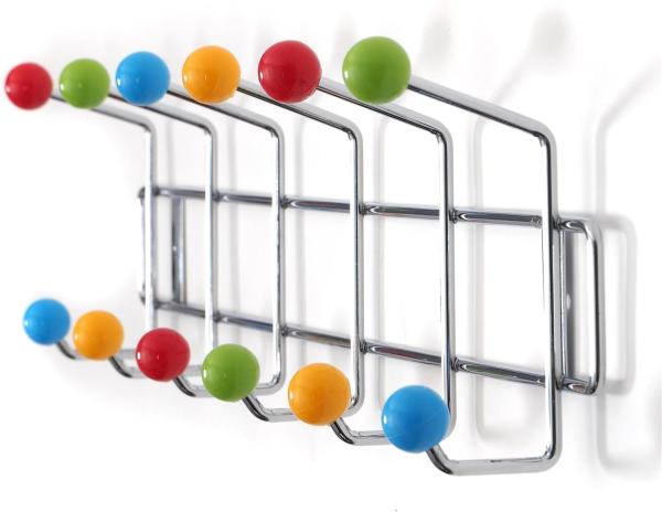 DESIGN DELIGHTS GARDEROBENLEISTE Colour Ball BUNT Silber| 50 x 15,5 x 6,5 cm(LxHxT) | farbenfrohe Wandgarderobe, Garderobe mit 12 Haken, Hakenleiste mit bunten Kugeln