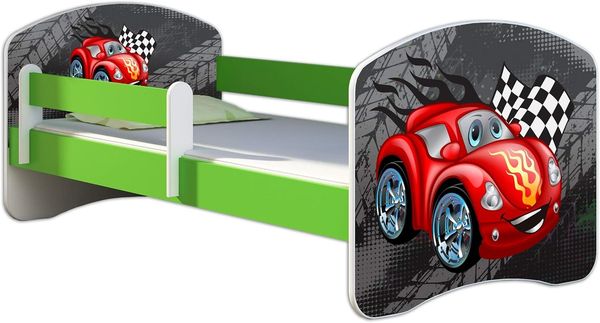 ACMA Kinderbett Jugendbett mit Einer Schublade und Matratze Grün mit Rausfallschutz Lattenrost II 140x70 160x80 180x80 (05 Rote Auto, 160x80)