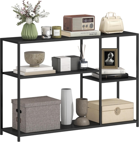 HOMCOM Konsolentisch Schmaler Sofatisch mit 4 Ebenen (mit Stahlrahmen, 1-St, für Flur, Eingangsbereich, Wohnzimmer), 110 x 30 x 75 cm, Schwarz