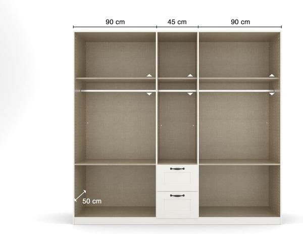 Rauch Möbel Cottage by Quadra Spin Schrank Drehtürenschrank, Weiß, 5-trg. mit Spiegel, inkl. 3 Kleiderstangen, 5 Einlegeböden, 2 Schubkästen, BxHxT 226x210x54 cm