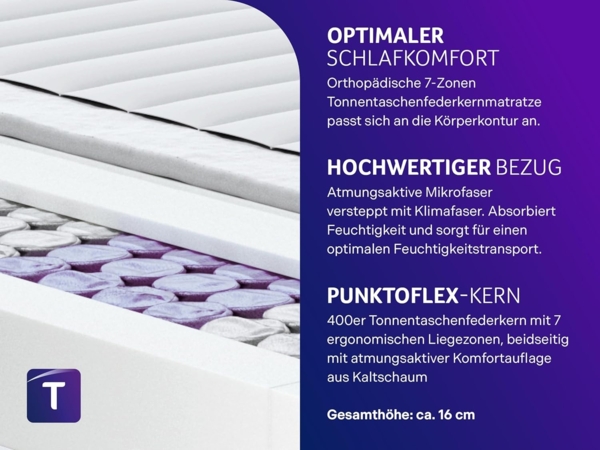 Traumnacht Basic Tonnentaschenfederkernmatratze, Härtegrad 3 (H3), 80x200 cm, weiß Bild 3