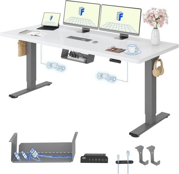 FLEXISPOT Höhenverstellbarer Schreibtisch mit 2 Motoren & 25MM einteiliger Tischplatte,ergonomischer Bürotisch - 180x80 cm Weiß, graues Gestell