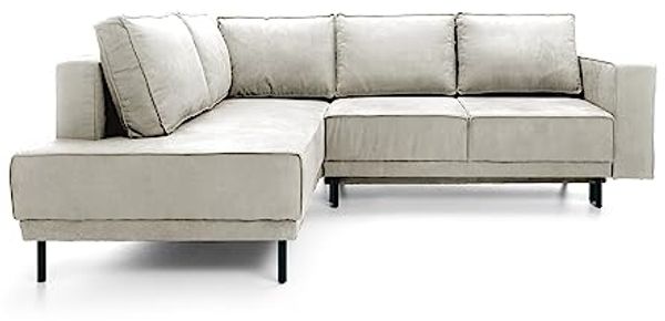 Ecksofa Rodario mit Schlaffunktion, Easy-Clean-Veloursbezug in Hellbeige, linksseitig