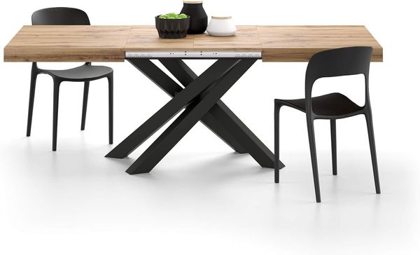 MOBILI FIVER, Ausziehbarer Tisch Emma 140, rustikale Eiche, mit schwarzen X-Beinen, Laminiert/Eisen, Made in Italy