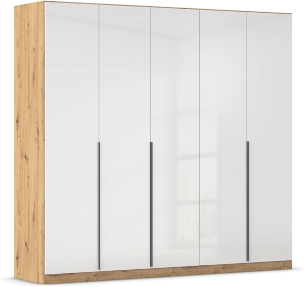 Rauch Möbel Alabama, Kleiderschrank, Garderobe, 5-türig, Zubehör Premium, 3 Kleiderstangen, 6 Einlegeböden, Schubladeneinsatz, Farbe Hochglanz Weiß/Eiche Artisan, Griff Grau metallic, 226 x 210 x 54 cm