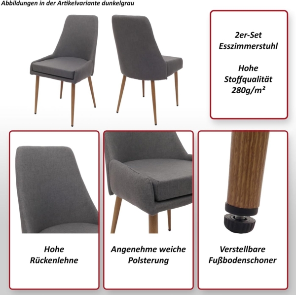 2er-Set Esszimmerstuhl HWC-O27, Küchenstuhl Polsterstuhl Stuhl, Stoff/Textil (280g/m²) Metall ~ hellgrau Bild 2