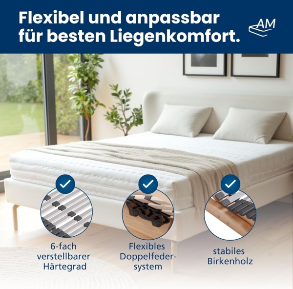 AM Qualitätsmatratzen Ergonomischer 7-Zonen Lattenrost - 70x200 cm - fertig montiert - 44 Leisten - Kopf- und Fußteil verstellbar - Holmabsenkung für Schulter und Becken - 70x200 cm Bild 7