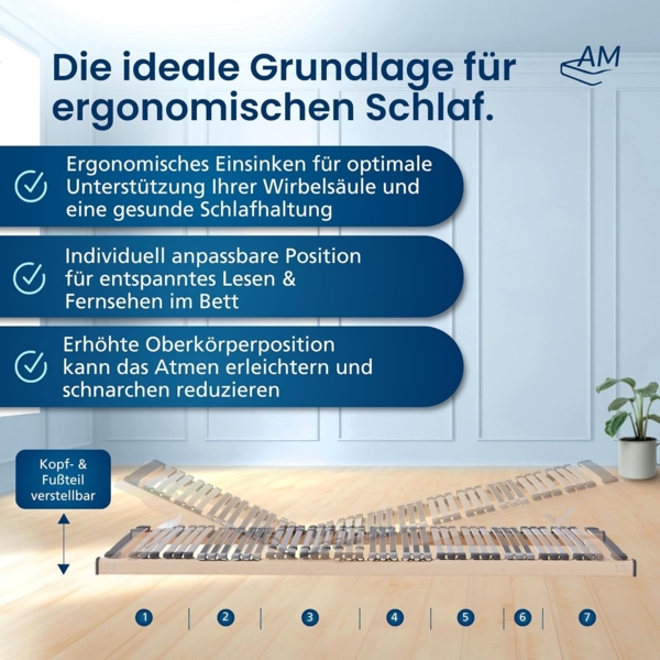 AM Qualitätsmatratzen Ergonomischer 7-Zonen Lattenrost - 70x200 cm - fertig montiert - 44 Leisten - Kopf- und Fußteil verstellbar - Holmabsenkung für Schulter und Becken - 70x200 cm Bild 2