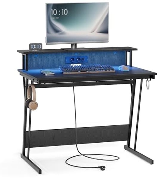 Vasagle Schreibtisch, Gaming Tisch mit eingebauter Steckdosenleiste, Computertisch, mit Monitorständer für 2 Monitore, Schlafzimmer, 60 x 100 x 76 cm, rußschwarz LWDDE191B02