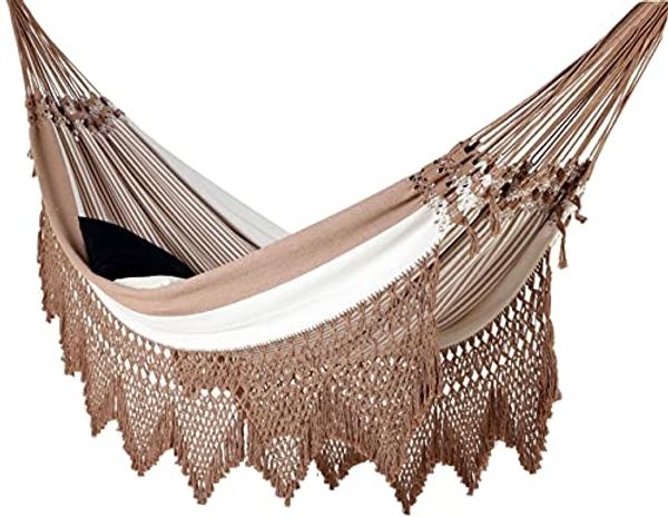 MacaMex Brasil Deluxe Hacienda Luxus Doppel- Hängematte Baumwolle beige mit Macramé-Rand braun MA-01130