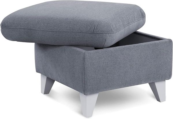 CAVADORE Stauraumhocker Trend / Skandinavischer Hocker mit weißen Holzfüßen / 249 x 86 x 162 / Chenille, Hellblau