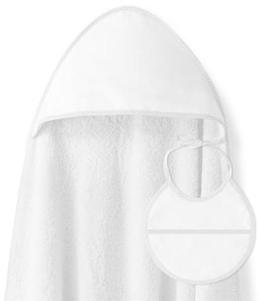 Baby BadePoncho 1x1 m Bademantel Kapuzenbademantel PUNTO DE CRUZ LISO Weiß & Lätzchen für Neugeborene 100% Baumwolle