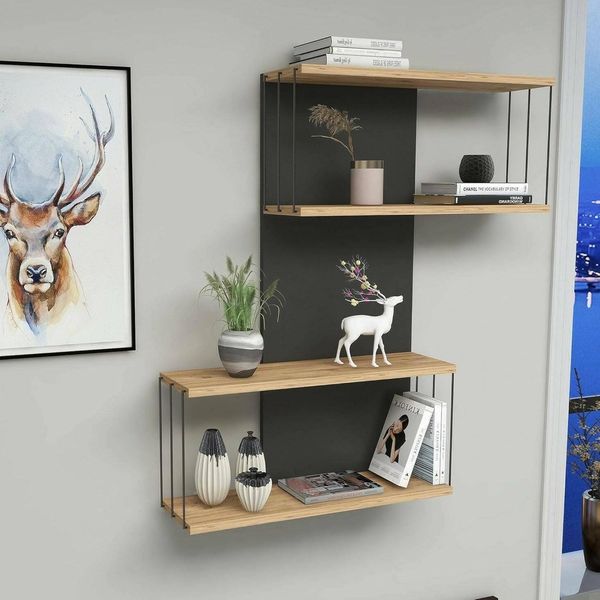 Dmora - Regal Mirzam, Gestell, Wandregal, Mehrzweckregale, 65x19h96 cm, Anthrazit und Eiche