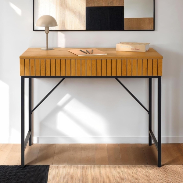 IDIMEX Schreibtisch PALE, Konsolentisch mit 2 Schubladen, Metallgestell & Rillendesign Wildeiche