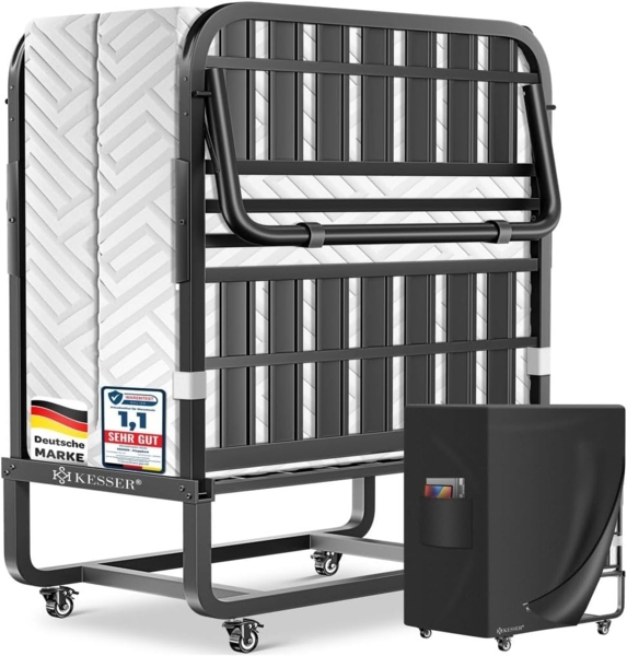 KESSER® Klappbett 200x90cm Gästebett inkl. Matratze aus Memory-Schaum & Rollen | faltbares Reisebett mit Metallrahmen für Erwachsene belastbar bis 250kg | Metallbett mit Schaumstoffmatratze & Cover Weiß, Premium Komfort