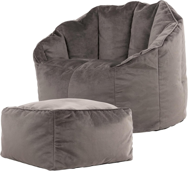 Icon Sirena Sitzsack Sessel mit Hocker für Erwachsene, Dunkelgrau, Flauschiger Samtstoff, Riesen Sitzsack Samt mit Füllung, Bean Bag Chair, Bequemer Sessel Wohnzimmer, Lounge, Schlafzimmer, Büro