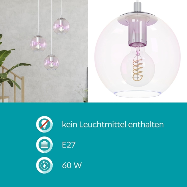EGLO Cluster Hängelampe Ariscani 2, 3-flammige Pendelleuchte irisierend, Esstisch Hängeleuchte bunt schimmernd, Esszimmerlampe hängend aus Metall in Chrom und Glas, E27, Ø 42,5 cm Bild 6