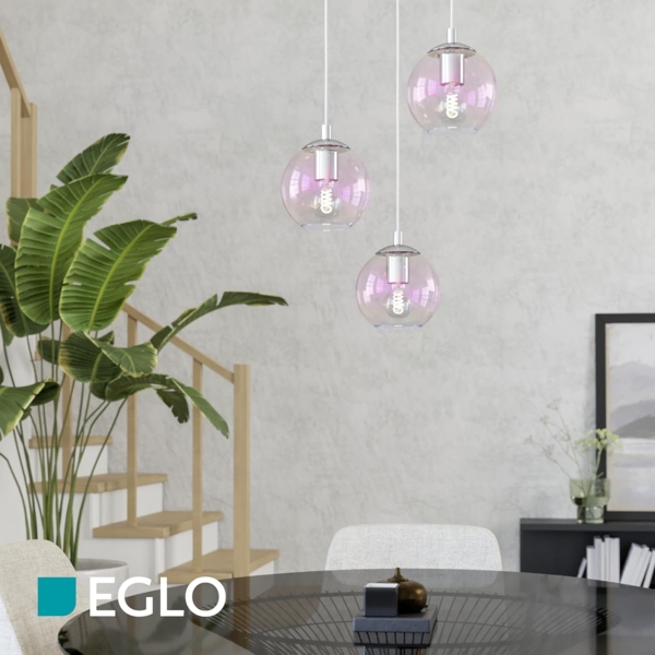 EGLO Cluster Hängelampe Ariscani 2, 3-flammige Pendelleuchte irisierend, Esstisch Hängeleuchte bunt schimmernd, Esszimmerlampe hängend aus Metall in Chrom und Glas, E27, Ø 42,5 cm Bild 5