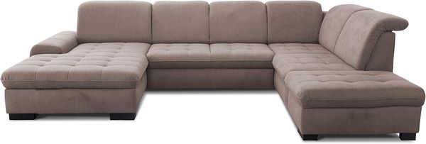 CAVADORE U-Form Lexi mit XXL-Longchair / Inkl. Bett, Bettkasten, Stauraum und Kopfteilfunktion / Leichte Fleckenentfernung dank Soft Clean / 329x82-99x224 / Flachgewebe: Hellbraun