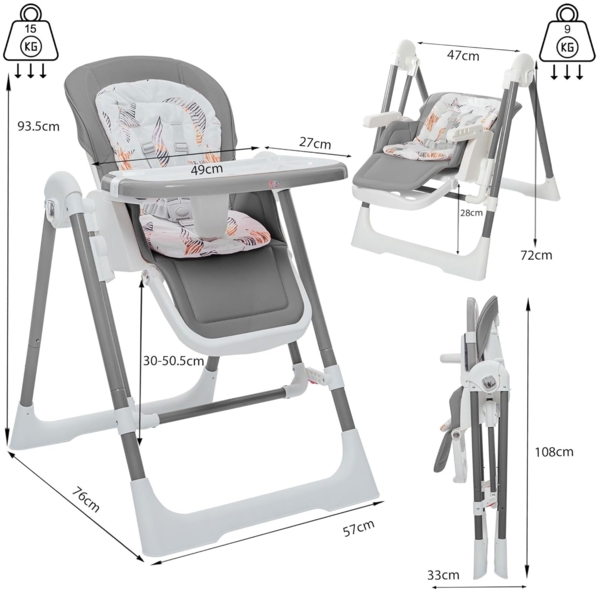 Baby Vivo Hochstuhl Kinderhochstuhl 3in1 / Babywippe für Kinder - Lulu in Grau Bild 7