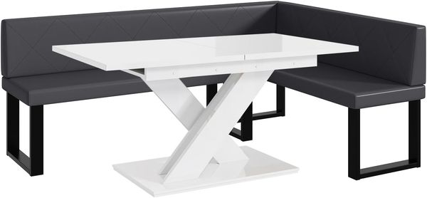 MEBLINI Eckbank für Esszimmer mit ausziehbarem Tisch - Küchenbank - Essecke - Sitzecke Küche - ERIC - U-Beine 142x196x87cm Rechts - Grau Kunstleder/B Weiß Hochgl.