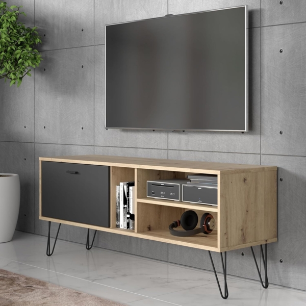 Forte NEYLE TV-Schrank 140, modernes TV-Lowboard, 1 Tür, Holzwerkstoff, Artisan Eiche Holzdekor/Schwarz, 137,8 cm breit x 58,0 cm hoch x 41,5 cm tief