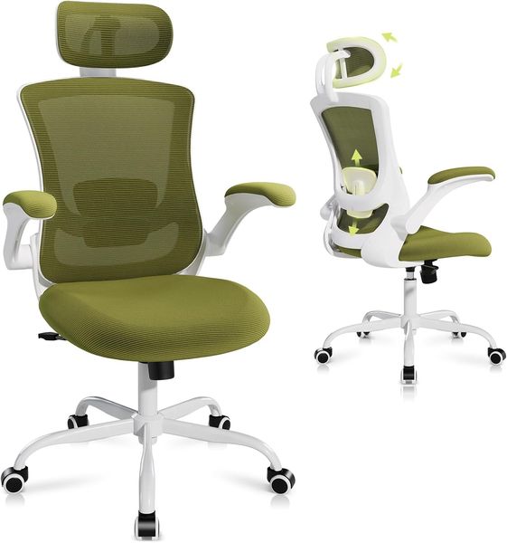 COLAMY Ergonomischer Mesh Bürostuhl mit Verstellbarer Kopfstütze und Lendenstütze, hochklappbare Armlehnen, 140° Wipp- und Rastenfunktion, Höhenverstellbarer Bürodrehstuhl, Grün