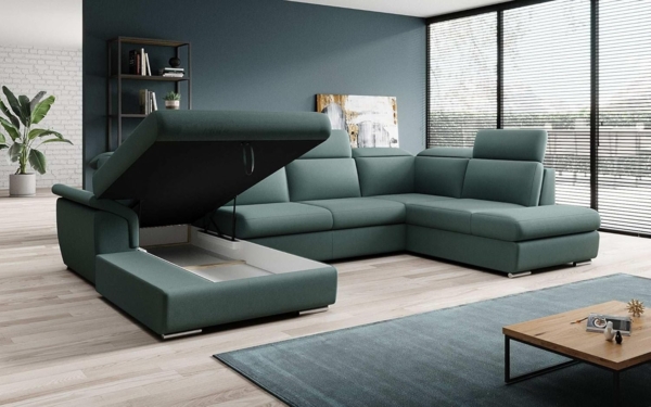 Designer Sofa Emiliano mit Schlaf- und Klappfunktion Stoff Grün Links Bild 5