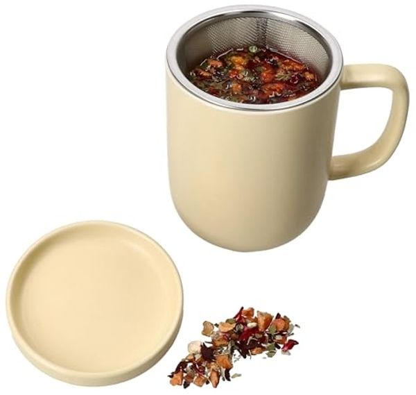 Ritzenhoff & Breker Becher Ritzenhoff Jasper Vanille Teebecher mit Teesieb & Deckel 300ml, Steingut