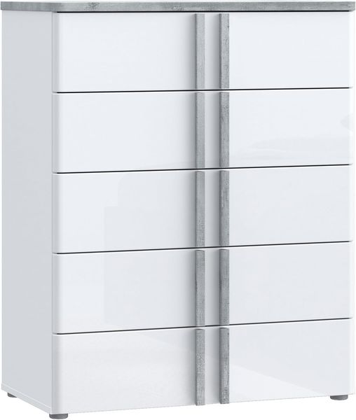 Forte BUGANVILLA Kommode 80, Kommode mit 5 Schubladen, Weißes, modernes Sideboard, Holzwerkstoff, Weiß / Betonoptik Holzdekor, 80,7 cm breit x 100 cm hoch x 42 cm tief Bild 4