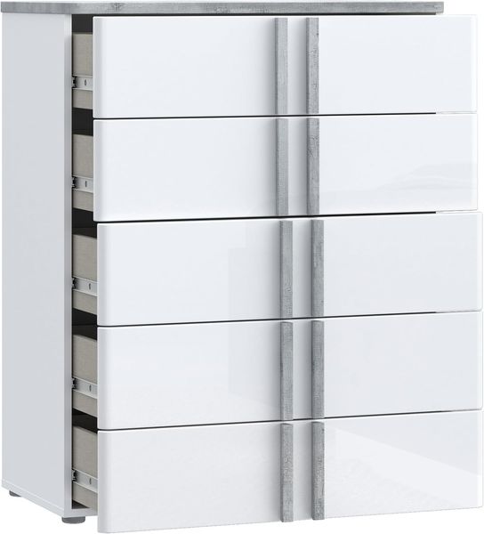 Forte BUGANVILLA Kommode 80, Kommode mit 5 Schubladen, Weißes, modernes Sideboard, Holzwerkstoff, Weiß / Betonoptik Holzdekor, 80,7 cm breit x 100 cm hoch x 42 cm tief Bild 6
