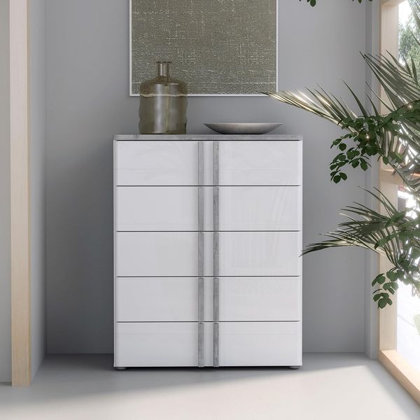Forte BUGANVILLA Kommode 80, Kommode mit 5 Schubladen, Weißes, modernes Sideboard, Holzwerkstoff, Weiß / Betonoptik Holzdekor, 80,7 cm breit x 100 cm hoch x 42 cm tief