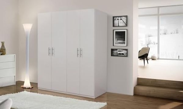 Dmora - Kleiderschrank mit 4 Flügeltüren, weiß matt, mit Kleiderstange, Maße 181 x 202 x 53 cm