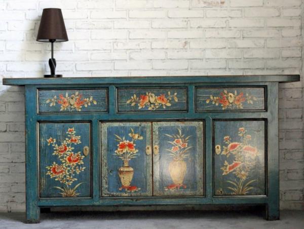 Vintage Sideboard Blau Orange Kommode chinesisch Kolonial-Stil Antik-Stil Schrank Lowboard asiatisch orientalisch Fernost shabby-chic Landhaus