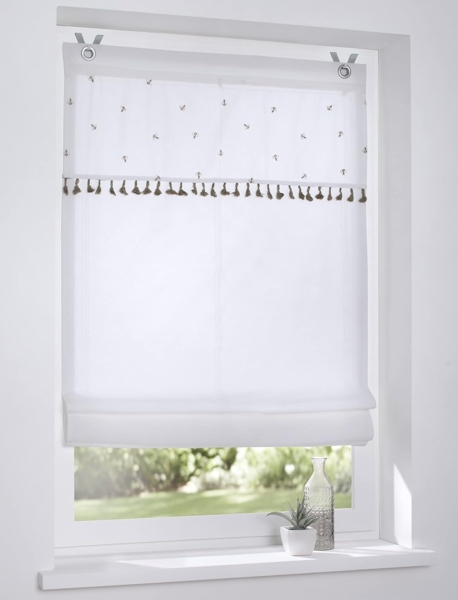 Kutti Raffrollo Honey, mit Hakenaufhängung, ohne Bohren, weiß, Baumwolle, blickdicht, bestickt, Volant, Landhausgardine