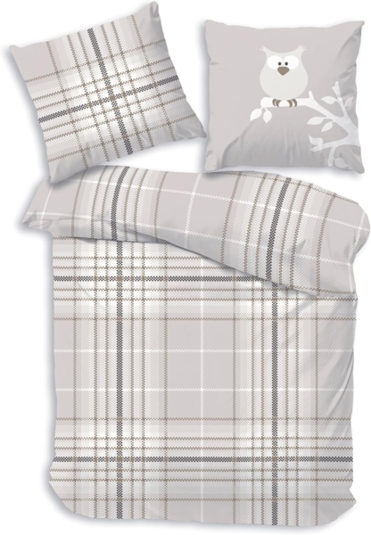 LINKHOFF Bettwäsche Bettwäsche 135x200 cm kariert mit Eule – 100% Baumwolle - Sand, Bettwäsche Eule Kinderbettwäsche kariert