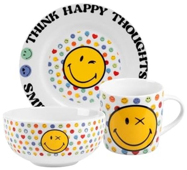 United Labels® Frühstücks-Geschirrset Smileyworld - Think Happy Thoughts - Set, 3-tlg, 1 Personen, Porzellan