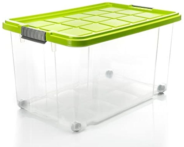 BigDean 4 Stück 60 L Aufbewahrungsbox mit Deckel groß limegrün - stapelbare robuste Box - rollbare Stapelbox mit festen Klickverschlüssen - Made in Germany Bild 2