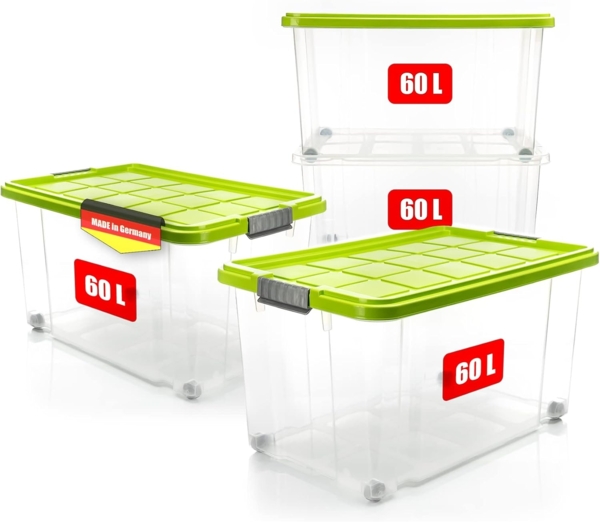BigDean 4 Stück 60 L Aufbewahrungsbox mit Deckel groß limegrün - stapelbare robuste Box - rollbare Stapelbox mit festen Klickverschlüssen - Made in Germany