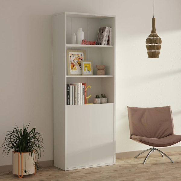 Muebles Pitarch | Bücherregal für Büro oder Arbeitszimmer mit 2 Türen und 4 Regalen, Wohnzimmer-Bücherregal, Weiß, 196,5 x 75,5 x 33 cm (Höhe x Breite x Tiefe), einfach, elegant und robust Bild 5