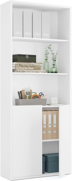 Muebles Pitarch | Bücherregal für Büro oder Arbeitszimmer mit 2 Türen und 4 Regalen, Wohnzimmer-Bücherregal, Weiß, 196,5 x 75,5 x 33 cm (Höhe x Breite x Tiefe), einfach, elegant und robust Bild 1