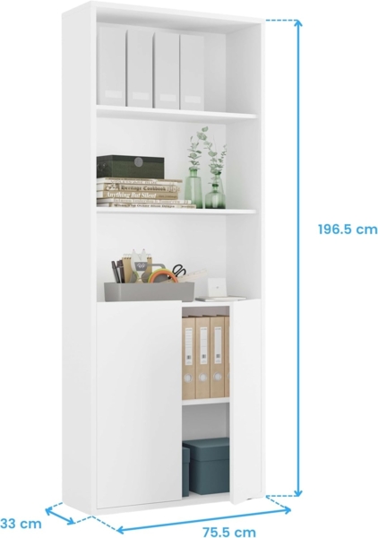 Muebles Pitarch | Bücherregal für Büro oder Arbeitszimmer mit 2 Türen und 4 Regalen, Wohnzimmer-Bücherregal, Weiß, 196,5 x 75,5 x 33 cm (Höhe x Breite x Tiefe), einfach, elegant und robust Bild 3
